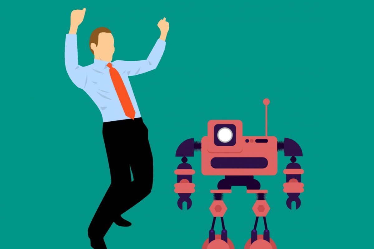 Ilustração de um homem vestido de social e um robô