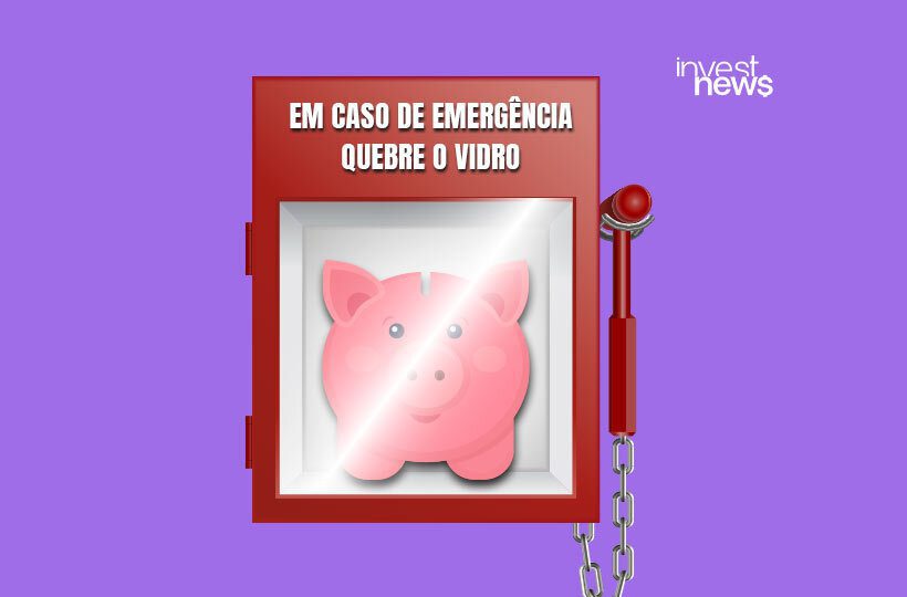 Ilustração de um cofre vermelho, no fundo roxo, e dentro do cofre tem um porquinho rosa e um aviso para quebrar o vidro em caso de emergência