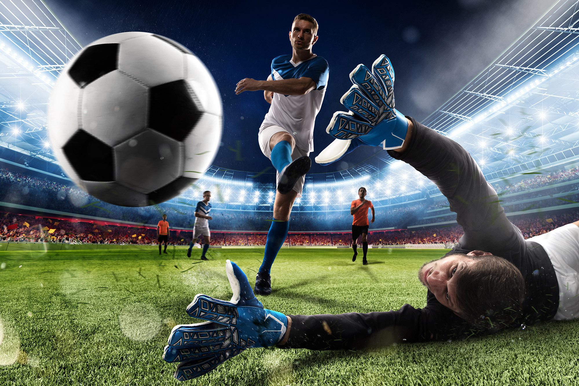 Ilustração de jogador de futebol chutando a bola para o gol na copa do mundo