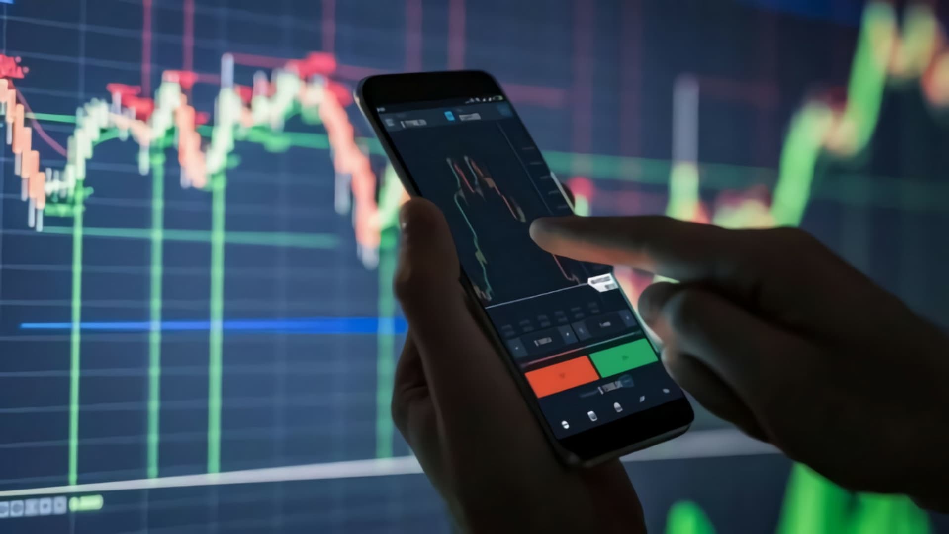 Ilustração de um mão com o celular verificando gráficos do Ibovespa mercado financeiro