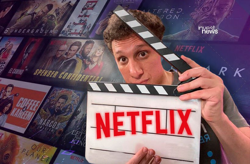 Samy Dana com uma claquete de duretor de cinema e logo da Netflix