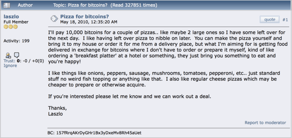 Reprodução de mensagem deixada em fórum que deu origem ao "pizza day" do bitcoin (Imagem: Reprodução)