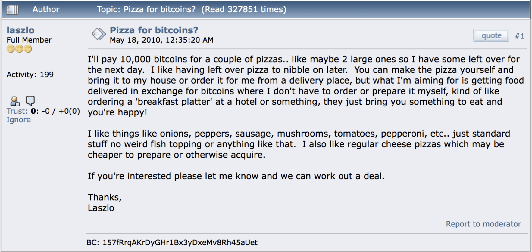 Reprodução de mensagem deixada em fórum que deu origem ao "pizza day" do bitcoin (Imagem: Reprodução)