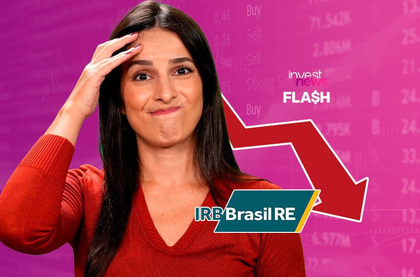 fabiana ortega, apresentadora do investnews, com a mão na cabeça e logo do IRB Brasil à frente representando queda de ações