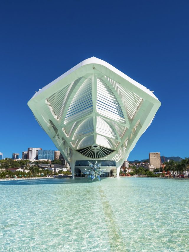 Rio de Janeiro, Brazil, May 2018 - view of Museu do Amanhã, a modern museum in Rio de Janeiro, and it's reflecting pool