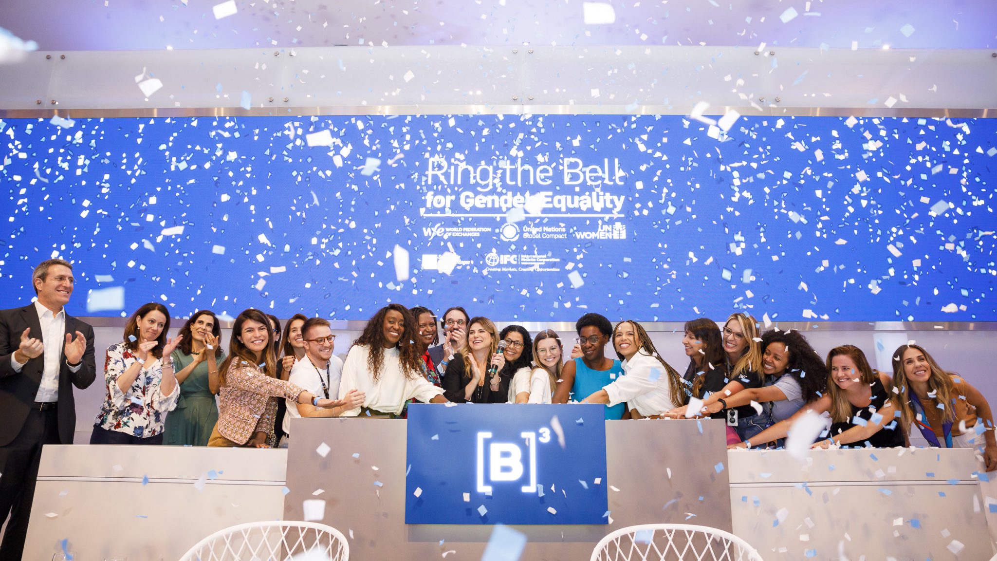 Evento “Ring the Bell for Gender Equality” na B3, em 8/3/2023. (Foto: Cauê Diniz/Divulgação/B3)