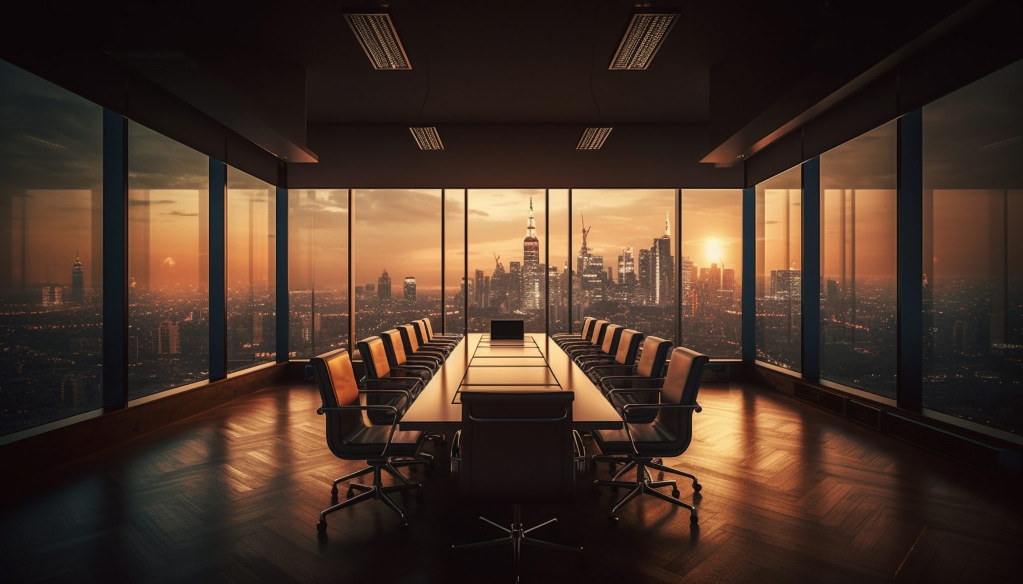 sala de um escritório com uma mesa rodeada de cadeiras com o pôr do sol de uma cidade ao fundo. A foto ilustra o que é uma holding.