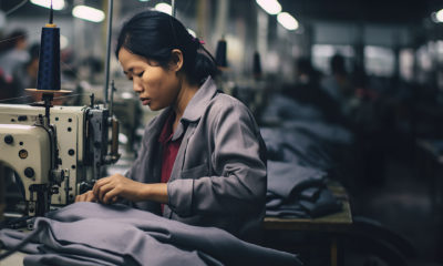 Retrato de mulher asiática costurando roupas em fábrica multinacional, empregos precários, más condições de trabalho, exploração e conceito de fast fashion
