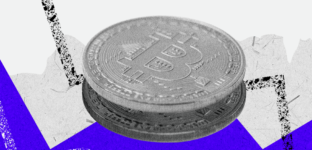 Ilustração em estilo de colagem com moedas de bitcoin e gráficos sobrepostos