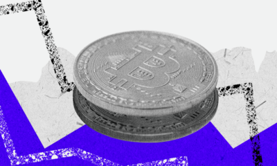 Ilustração em estilo de colagem com moedas de bitcoin e gráficos sobrepostos