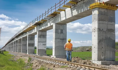Trabalhador acompanha construção de ferrovia; transportes; ferroviário; infraestrutura; obras; construção civil