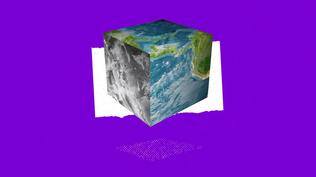 Ilustração com representação do planeta Terra em formato de um cubo; terra quadrada