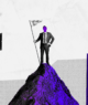 Montagem de homem no pico de uma montanha hasteando uma bandeira; ao redor sobreposições de grafismos, nuvens e uma placa de Wall Street