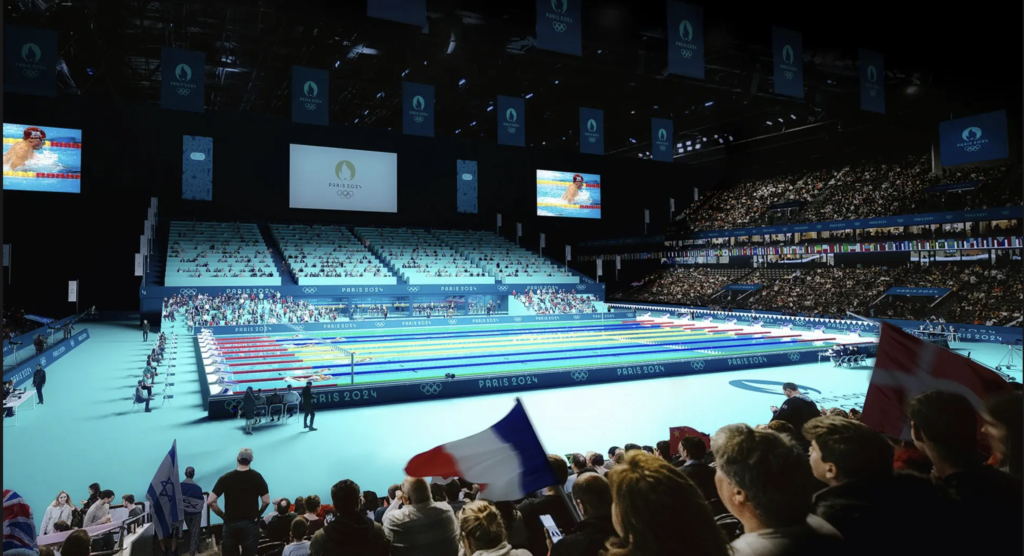 Competições de natação de Paris-2024 serão na piscina da Arena La Defense FOTO: Divulgação/Paris 2024