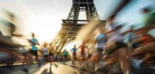 Ilustração simulando uma prova de corrida nos arredores da Torre Eiffel, em Paris, França