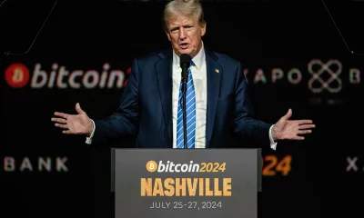 NASHVILLE, TENNESSEE - 27 DE JULHO: O ex-presidente e candidato presidencial republicano de 2024, Donald Trump, faz um discurso de abertura no terceiro dia da conferência Bitcoin 2024 no Music City Center em 27 de julho de 2024 em Nashville, Tennessee. A conferência, que é voltada para entusiastas do bitcoin, apresenta vários espaços de fornecedores e entretenimento e seminários de celebridades e políticos. (Foto de Jon Cherry/Getty Images)