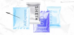 Ilustração sobre e-commerce com pacotes de entrega da AliExpress, Shein e Shopee