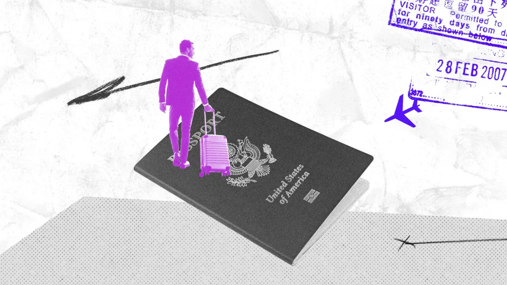 Ilustração representando viagem; documentação; visto e passaporte