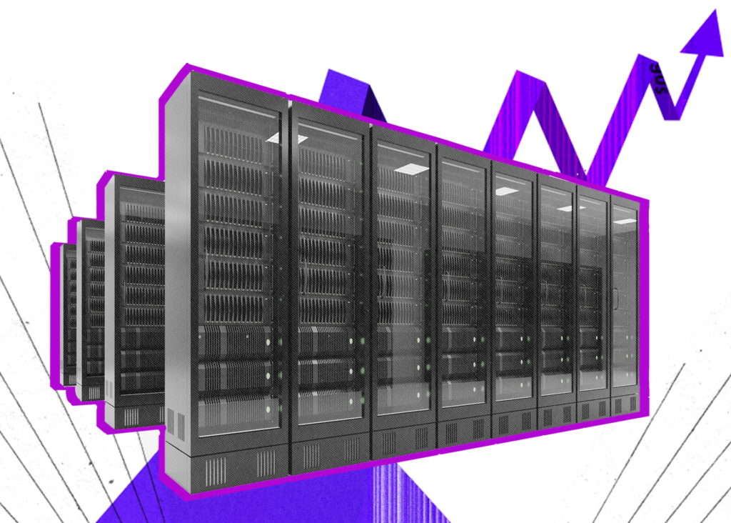 Imagem de um datacenter com uma seta mostrando o crescimento.