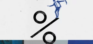 Ilustração mostrando o sinal de percentual e um homem se equilibrando sobre o sinal