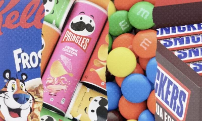 Montagem com produtos da Mars: Sucrilhos, Pringles, M&M's e Snickers