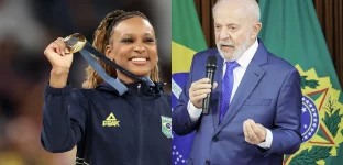 Montagem com imagens de Rebeca Andrade recebendo medalha de ouro nas Olimpíadas de Paris 2024 e do presidente Lula em reunião ministerial em agosto de 2024