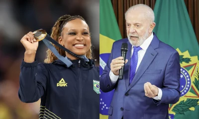 Montagem com imagens de Rebeca Andrade recebendo medalha de ouro nas Olimpíadas de Paris 2024 e do presidente Lula em reunião ministerial em agosto de 2024