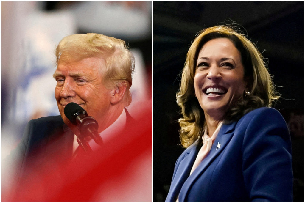 Combinação de fotografias mostra os candidatos à presidência dos EUA Donald Trump e Kamala Harris em eventos de campanha em 2024