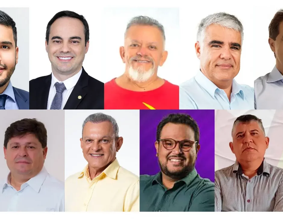 Montagem de fotos dos candidatos à Prefeitura de Fortaleza em 2024: André Fernandes (PL), Capitão Wagner (União Brasil), Chico Malta (PCB), Eduardo Girão (Novo), Evandro Leitão (PT), George Lima (Solidariedade), José Sarto (PDT), Técio Nunes (Rede) e Zé Batista (PSTU)