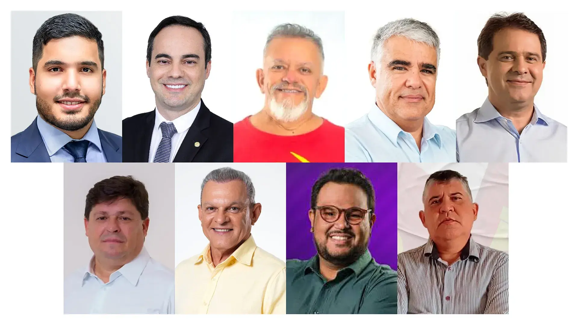 Montagem de fotos dos candidatos à Prefeitura de Fortaleza em 2024: André Fernandes (PL), Capitão Wagner (União Brasil), Chico Malta (PCB), Eduardo Girão (Novo), Evandro Leitão (PT), George Lima (Solidariedade), José Sarto (PDT), Técio Nunes (Rede) e Zé Batista (PSTU)