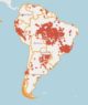 Mapa do Inpe mostra focos de incêndio nos países da América do Sul.