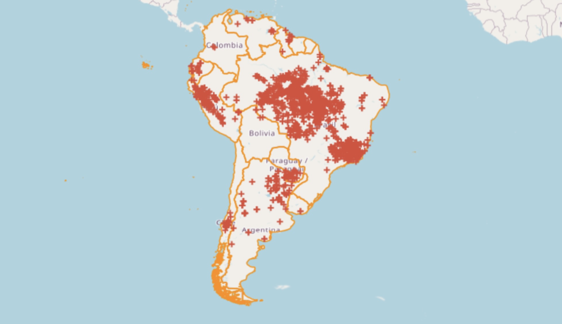 Mapa do Inpe mostra focos de incêndio nos países da América do Sul.