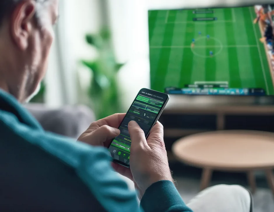 Pessoa de costas e de perfil segurando um celular com aplicativo de apostas esportivas, enquanto uma TV ao fundo exibe uma partida de futebol ao vivo, em um ambiente interno aconchegante com mobiliário moderno.