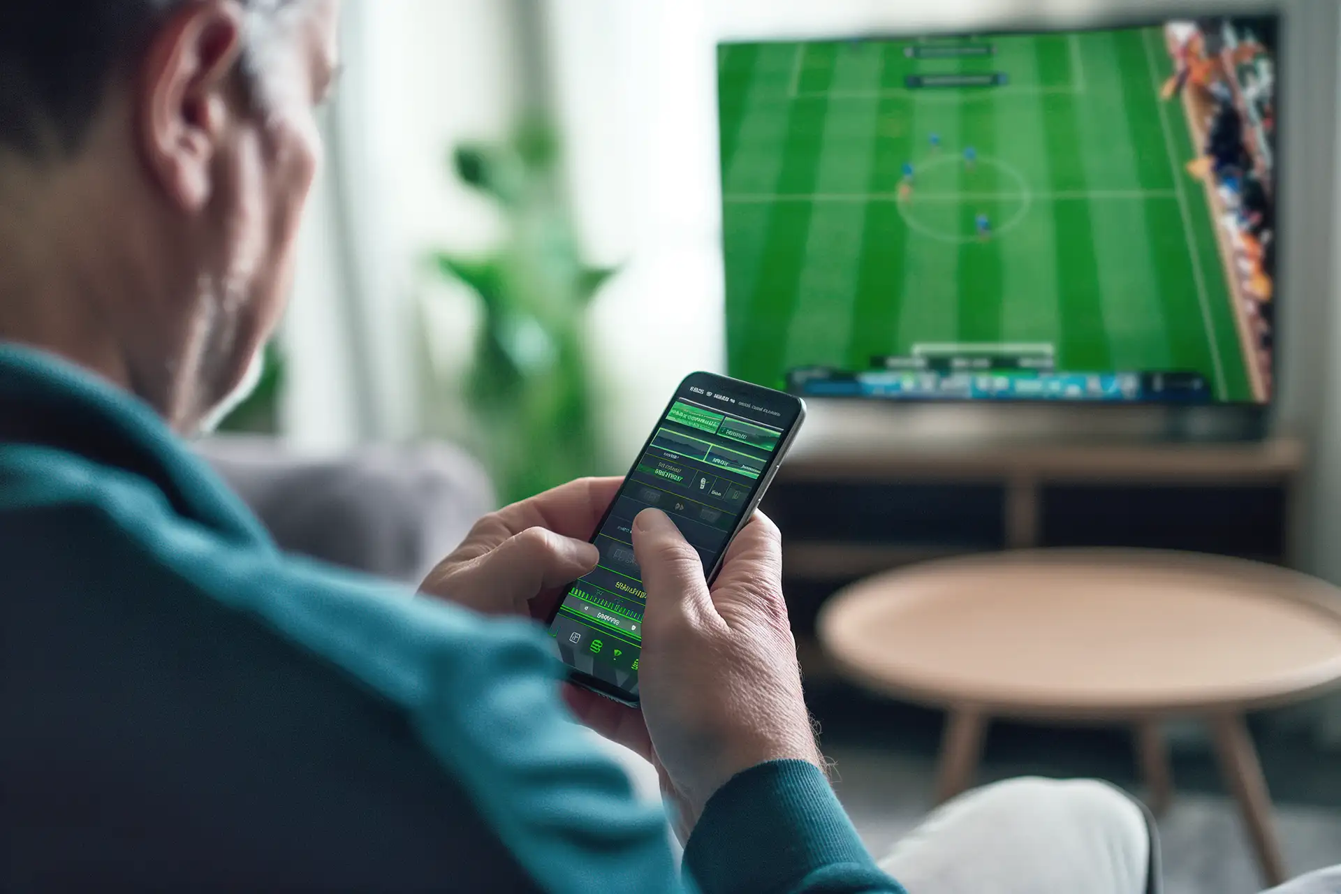 Pessoa de costas e de perfil segurando um celular com aplicativo de apostas esportivas, enquanto uma TV ao fundo exibe uma partida de futebol ao vivo, em um ambiente interno aconchegante com mobiliário moderno.