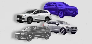 Quatro SUVs de diferentes cores e designs são exibidos em um fundo claro com textura manchada.