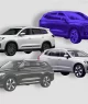 Quatro SUVs de diferentes cores e designs são exibidos em um fundo claro com textura manchada.