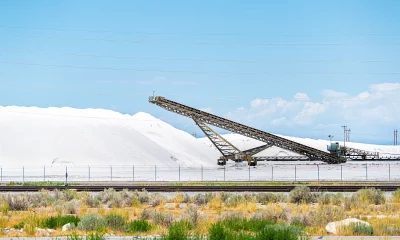 Em um cenário ensolarado, uma esteira transportadora se destaca no centro de uma paisagem industrial com montes de materiais brancos, cercada por trilhos de trem e vegetação rasteira.