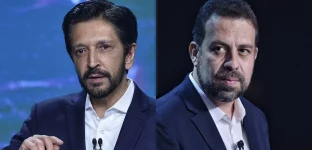 Montagem com duas fotos. À esquerda, o prefeito de São Paulo, Ricardo Nunes, um homem de pele clara, cabelos curtos, escuros e barba; à direita, Guilherme Boulos, candidato à prefeitura de São Paulo, um homem de a pele clara, barba e cabelo castanho escuro.