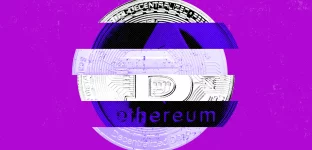 Imagem digital de uma moeda estilizada com elementos de Bitcoin e Ethereum, sobre um fundo roxo vibrante, com detalhes de tecnologia blockchain e efeito glitch.