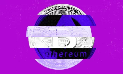 Imagem digital de uma moeda estilizada com elementos de Bitcoin e Ethereum, sobre um fundo roxo vibrante, com detalhes de tecnologia blockchain e efeito glitch.