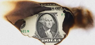 Uma nota de um dólar americano parcialmente queimada e chamuscada, com buracos e bordas carbonizadas, exibindo um retrato visível de George Washington e parte das palavras "United States of America" e "Dollar".