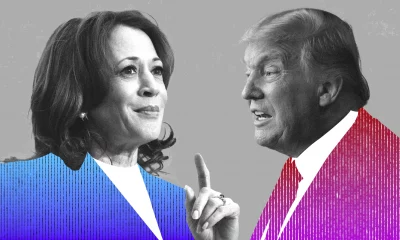 Kamala Harris e Donald Trump frente a frente em uma montagem preto e branco, destacadas por roupas estilizadas com padrões de linhas coloridas e expressões confiantes.