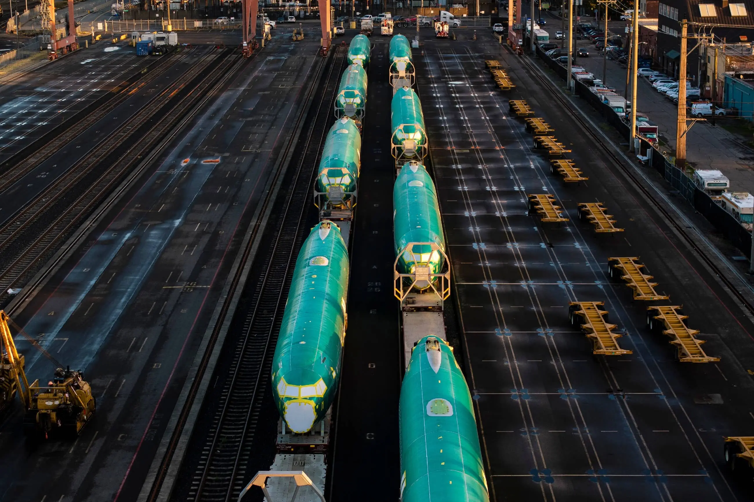 Fuselagens do Boeing 737 Max em vagões em Seattle, Washington