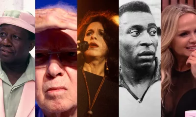 Montagem com retratos (da esquerda para a direita): o humorista Mussum, o ex-técnico da seleção Zagallo, a cantora Gal Costa, o jogador Pelé e a apresentadora Eliana