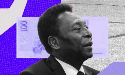 Montagem com foto de Pelé sobre fundo geométrico.