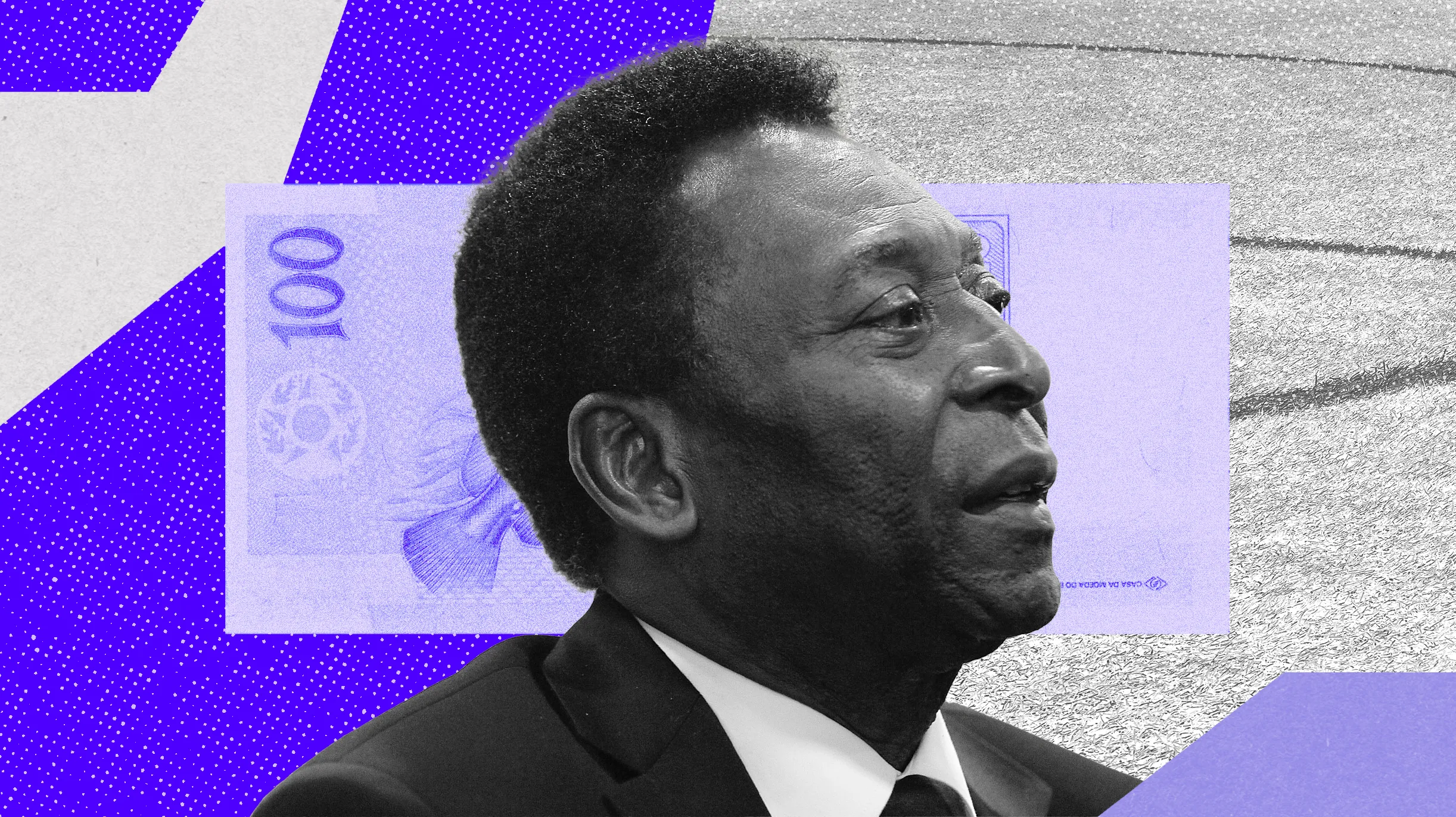 Montagem com foto de Pelé sobre fundo geométrico.