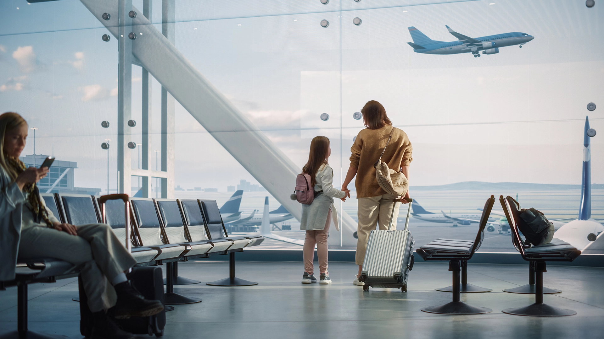 Mulher e filha em salão de embarque de um aeroporto